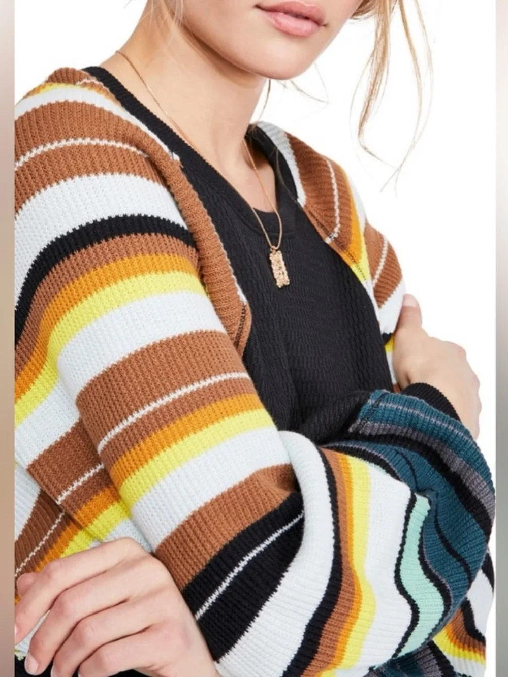 Free People Rainbow Stripes Waffle Knit Top with Striped Balloon Sleeves